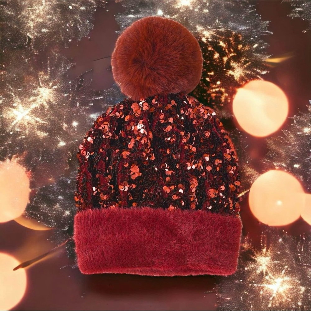 NEW H.O.P.E. Merlot Sequin Pom Pom Beanie - One Size